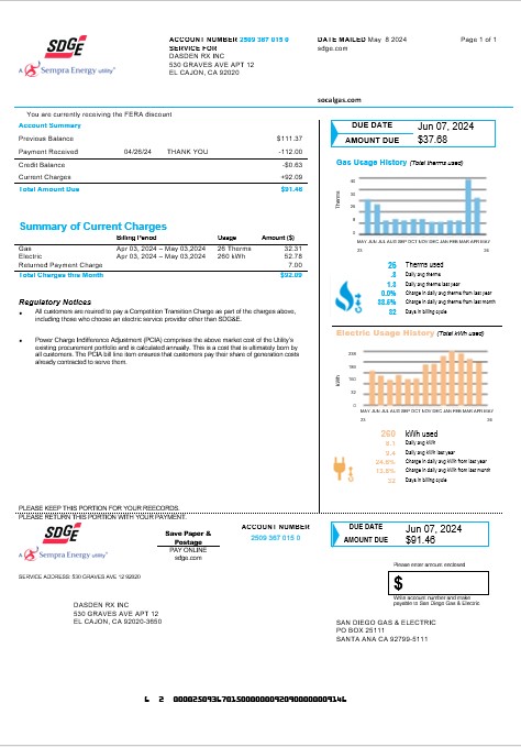 USA California San Diego Gas & Electric (SDG&E) business utility bill template in Word and PDF formats